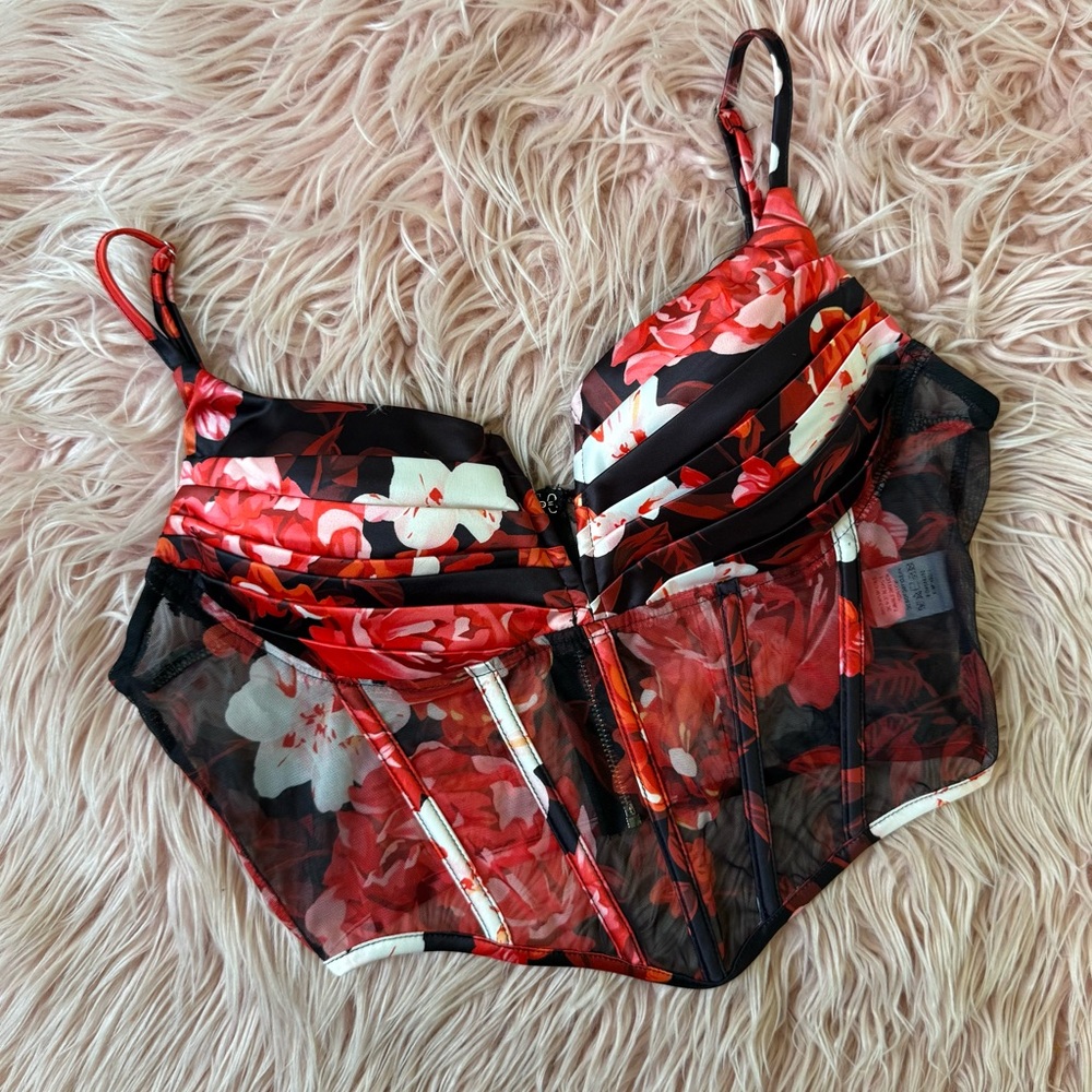 Fashion Nova Red & Black Floral Print Mesh Corset Style Top Medium